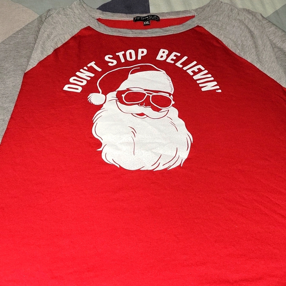 NWOT - Womens Holiday Christmas Santa Don't Stop Believin' 3/4 sleeve t-shirt - Picture 2 of 7